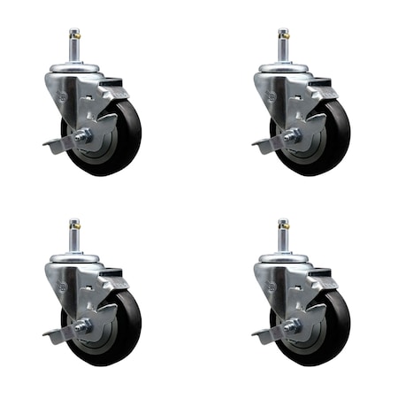 Service Caster 3.5'' Black Poly Swivel 7/16'' Grip Ring Stem Caster Set with Brake, 4PK SCC-GR20S3514-PPUB-BLK-TLB-716138-4